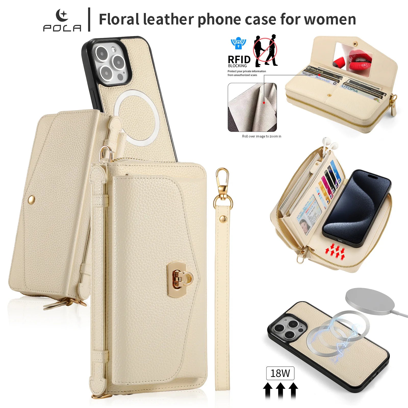 Wallet Shoulder Strap Phone Case for iPhone, Handbag Leather Card Pocket Lanyard Cover