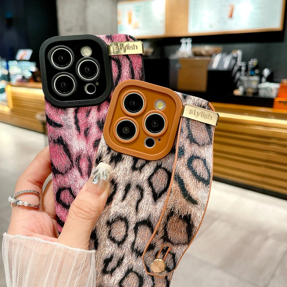 Luxury Cortex  Leopard Print Wrist Strap Phone Case For iPhone 11 12 13 14 15 16 Pro Max 16 Plus Soft Hand Band Bumper  Cover