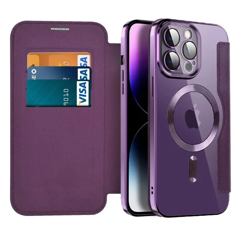 Wireless Charging Flip Leather Phone Case For iPhone Senior Clear Shockproof Business Card Slot Cover