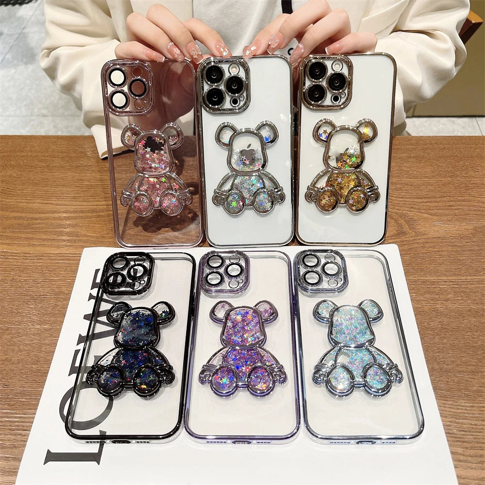 Cute Bear Quicksand Glitter Case for iPhone Transparent Camera Protector Cover