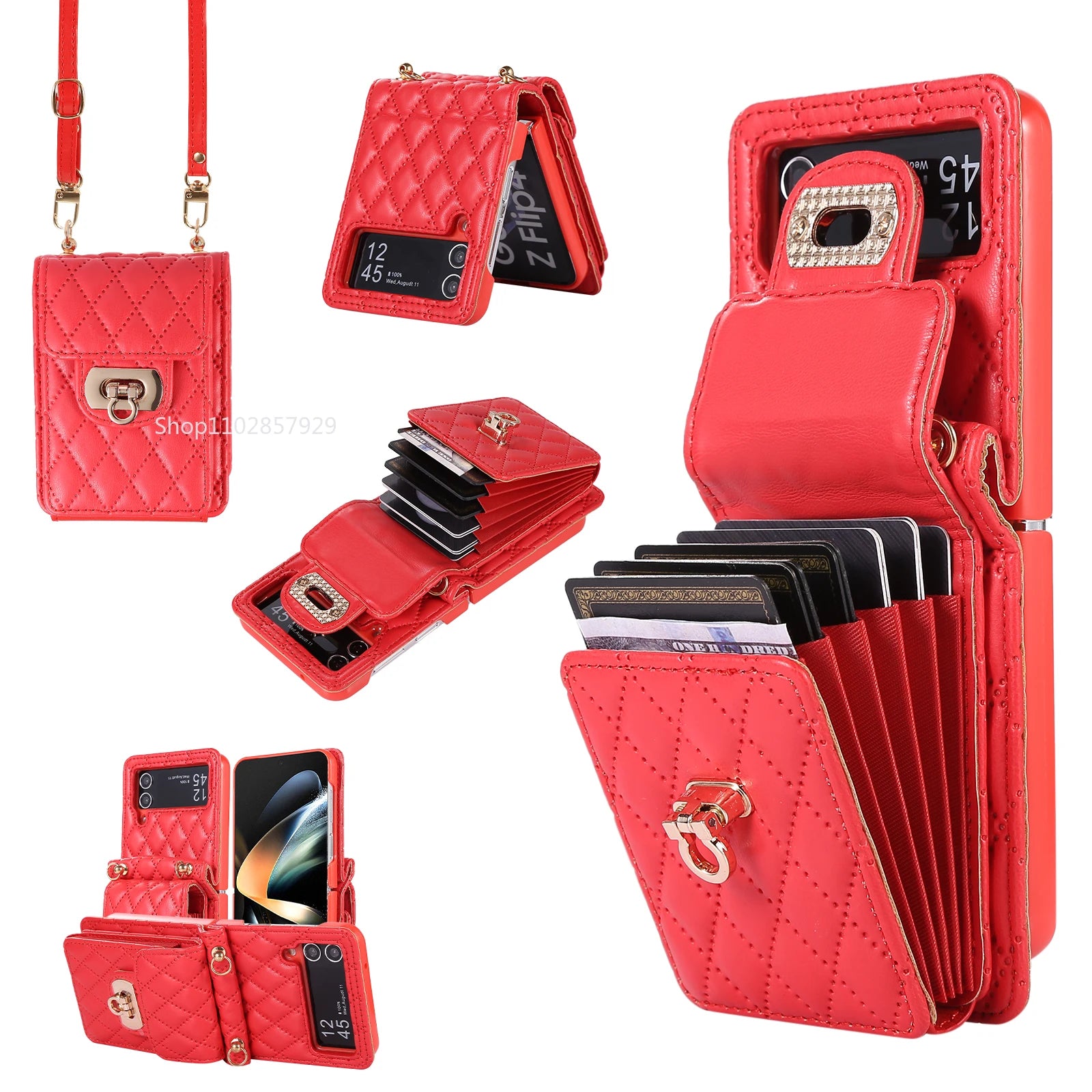 Crossbody Wallet Case for Samsung Z Flip3 4 5 Fashion Metal Snap Leather Card Holder Lanyard Phone Cover