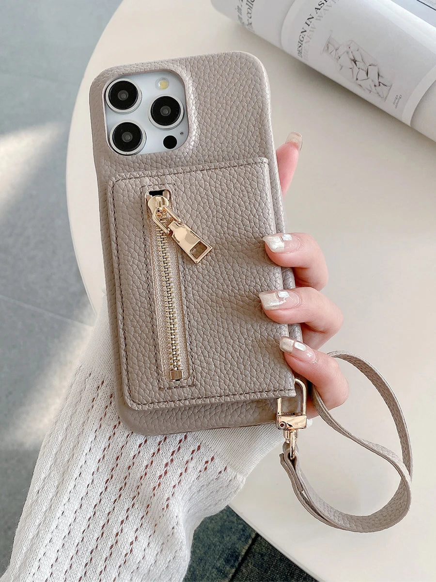 Luxury Lanyard Fold Card Holder PU Leather Case For iPhone Lichee Pattern Mirror Zipper Cover