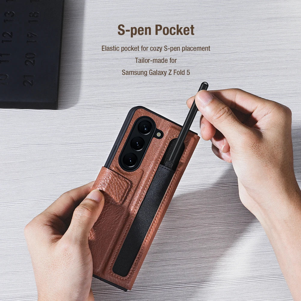 NILLKIN For Samsung Galaxy Z Fold 6 Case For Z Fold 5 Aoge Full Cover Luxury Leather Kickstand Case With S-Pen Pocket For Fold 4