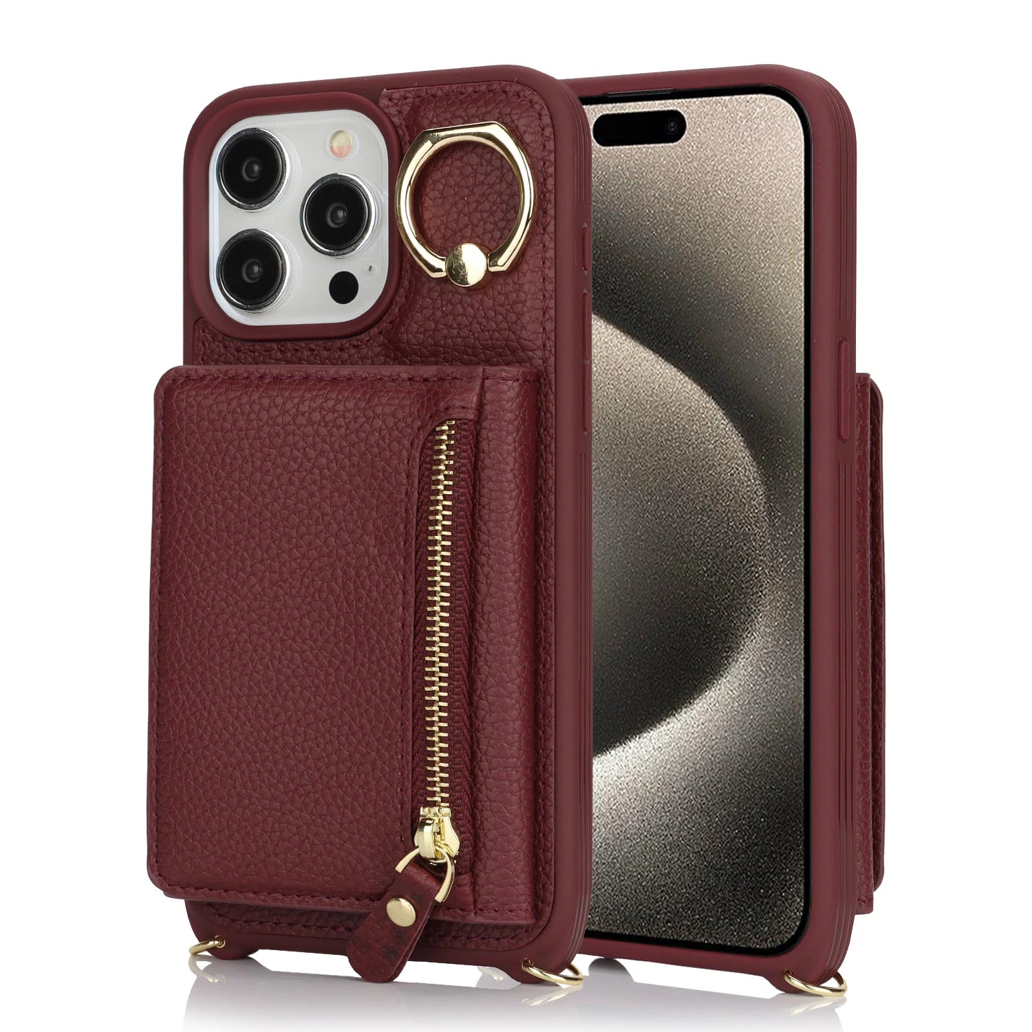 Leather Phone Wallet Case For Iphone Protective Leather Cover Ring Holder Zipper Cards Holder