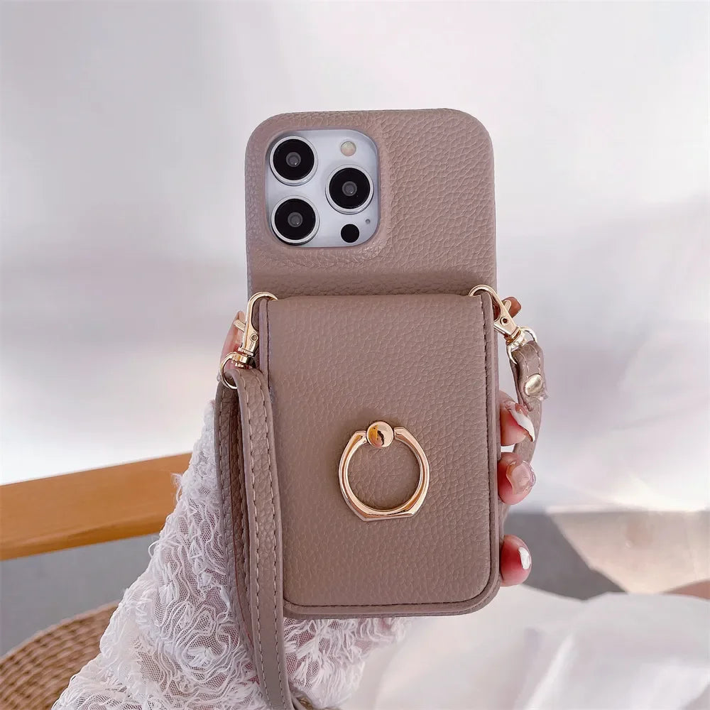 Luxury Makeup Mirror Flip Wallet Case for iPhone 16 15 14 13 12 11 Pro Max Plus with Card Holder, Ring Stand, Crossbody Lanyard & PU Leather Cover