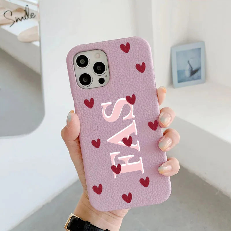 Personalized Love Hearts PU Leather Case with Custom Name & Initials for iPhone 11-16 Pro Max｜Luxury Hard Half-Wrapped Cover