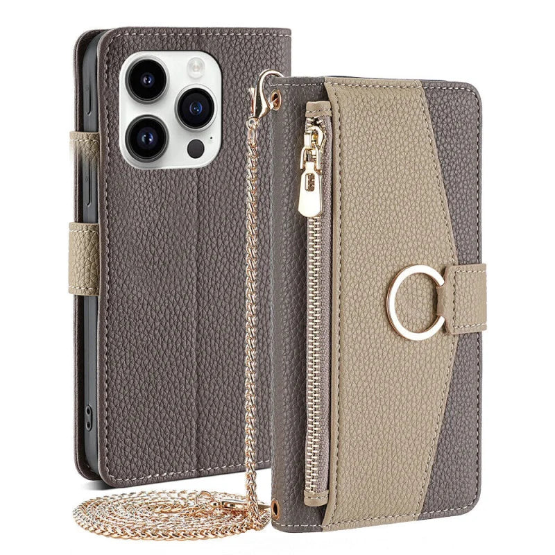 Crossbody Chain Zipper Leather Wallet Card Slot Phone Case, Mirror Makeup Cover