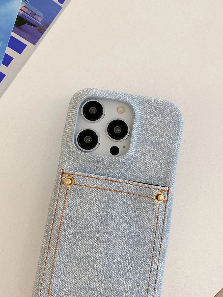 Luxury Denim Leather Card Bag Case For iPhone