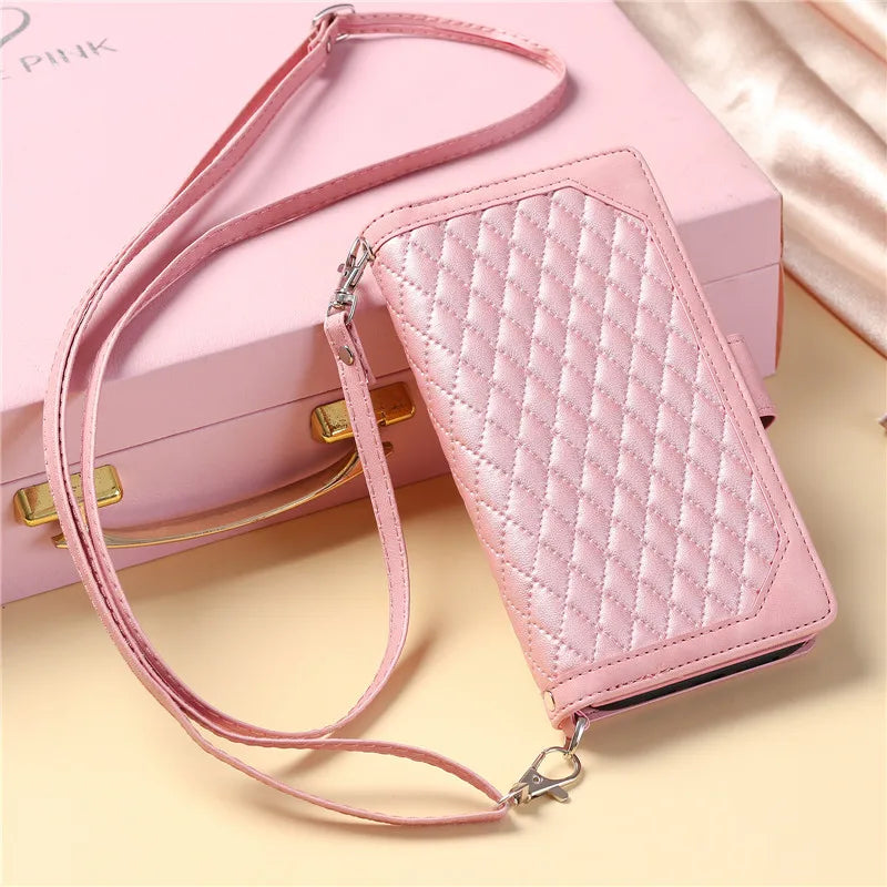 Zippered Multi-Card Slots Flip Leather Phone Case for iPhone Lozenge Wallet Card Holder with Long Lanyard, Short Bracelet