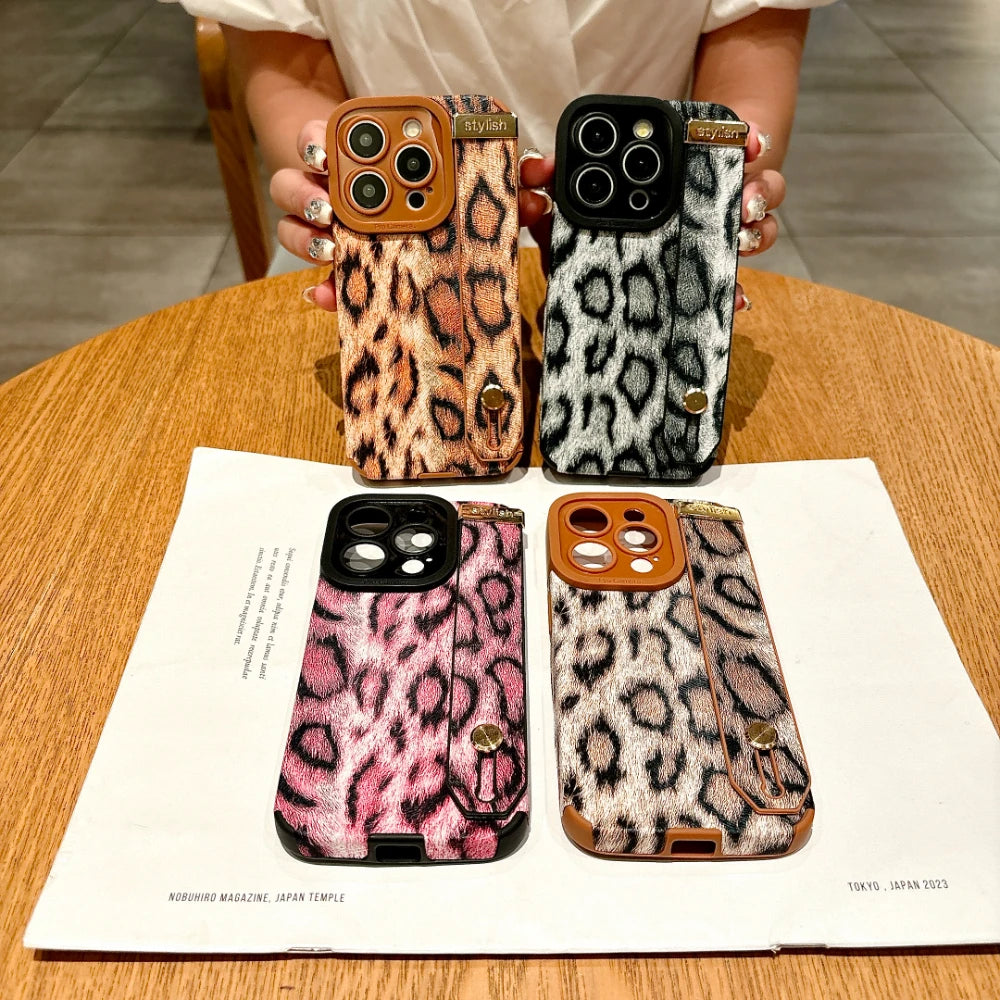 Luxury Cortex  Leopard Print Wrist Strap Phone Case For iPhone 11 12 13 14 15 16 Pro Max 16 Plus Soft Hand Band Bumper  Cover