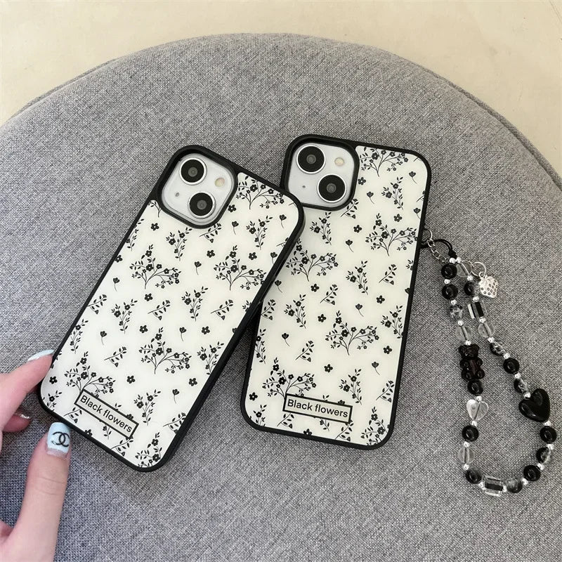 Retro girls black flowers wildflower Bracelet Phone Case For iPhone Case Sweet cartoon shockproof Cover