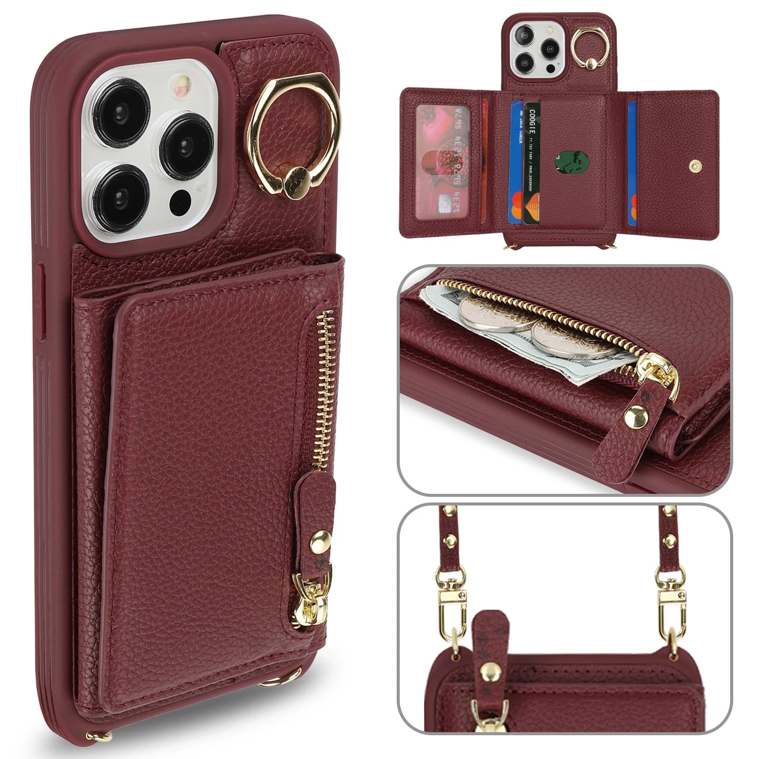 Leather Phone Wallet Case For Iphone Protective Leather Cover Ring Holder Zipper Cards Holder