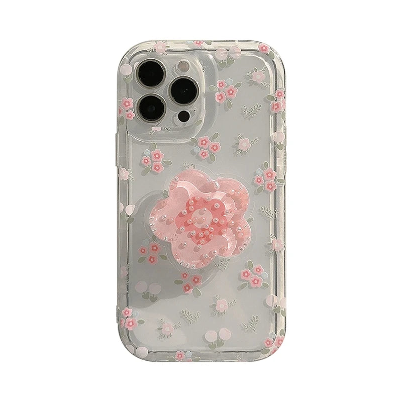 Cute Quicksand Pink Flower Holder Phone Case For iPhone Stand Floral Clear Soft Cover