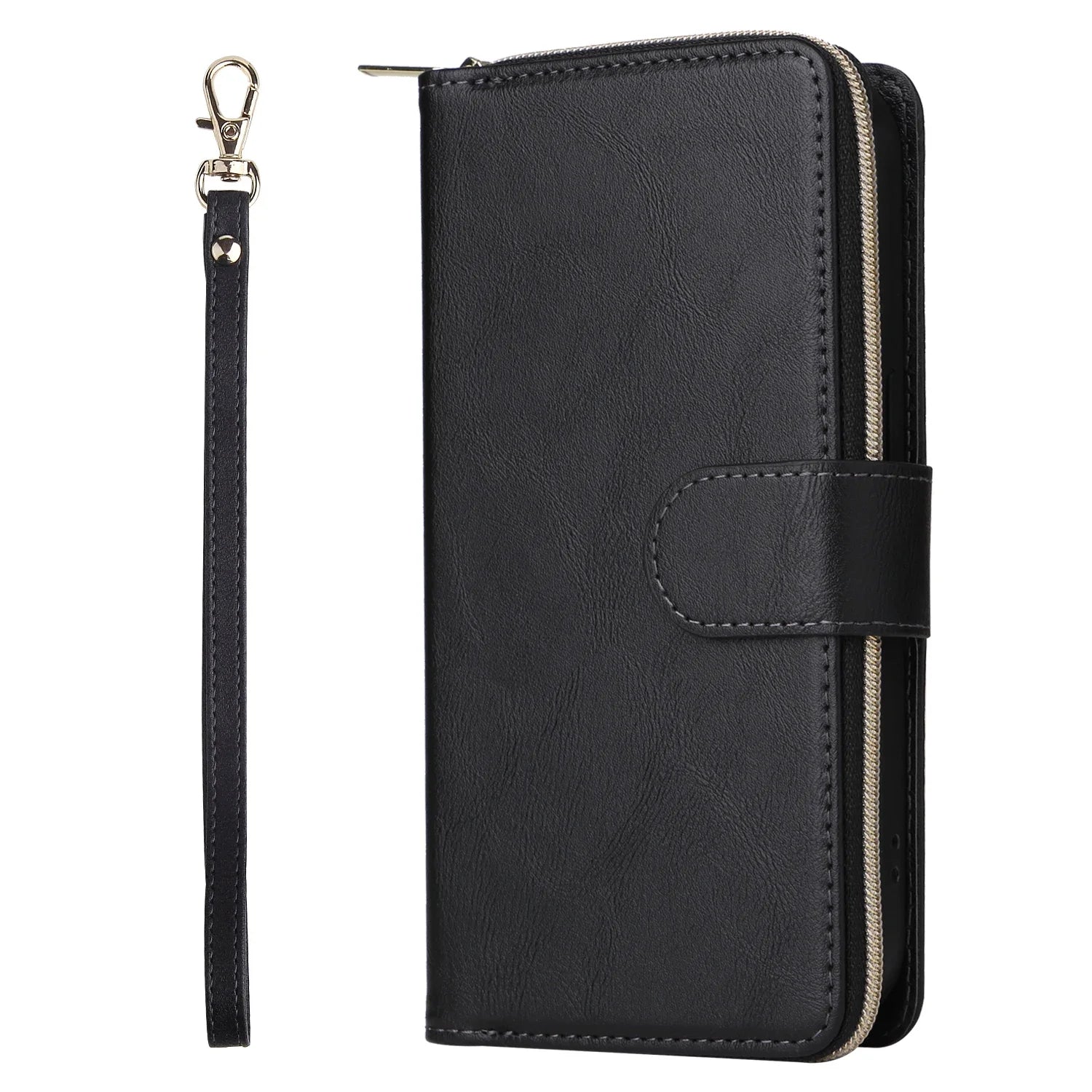 9 Card Slot Zipper Wallet Phone Case for iPhone 16 15 14 13 12 11 Pro Max Plus Mini X XR – PU Leather, Flip Cover, Hand Strap, Kickstand, Magnetic Closure