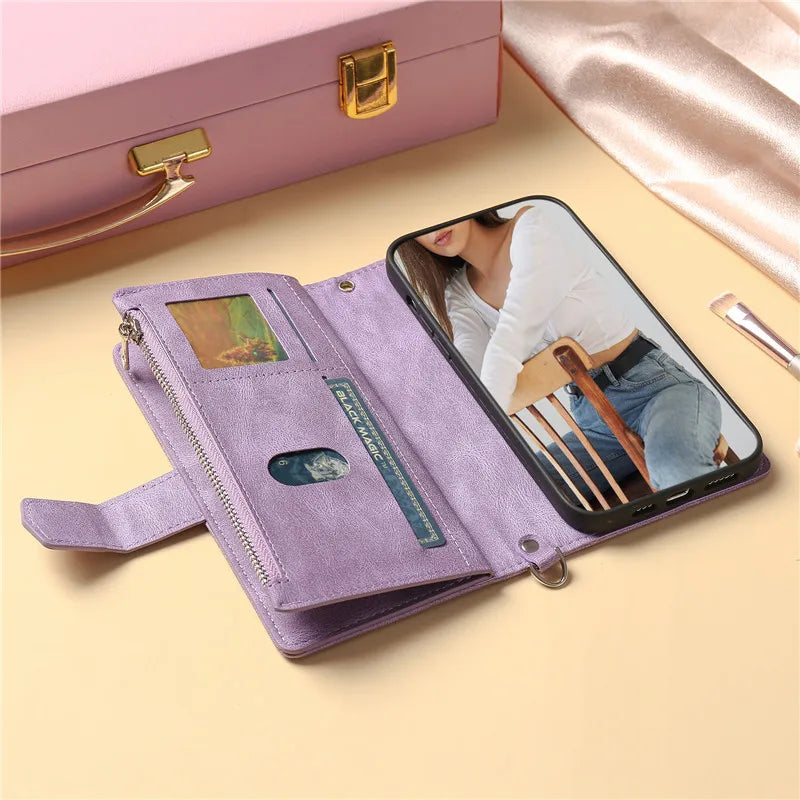 Long Lanyard Flip Leather Phone Case For iPhone Zipper Wallet Card Cover