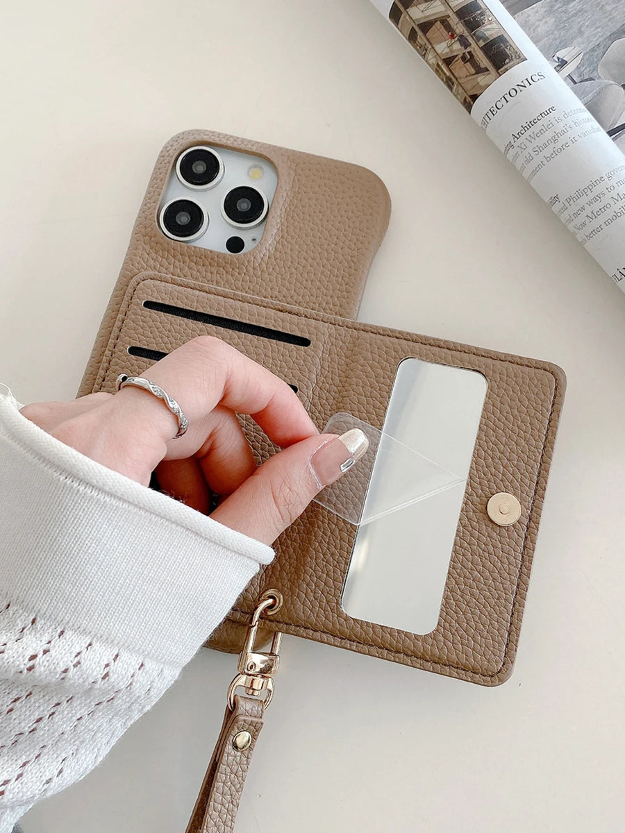 Luxury Lanyard Fold Card Holder PU Leather Case For iPhone Lichee Pattern Mirror Zipper Cover