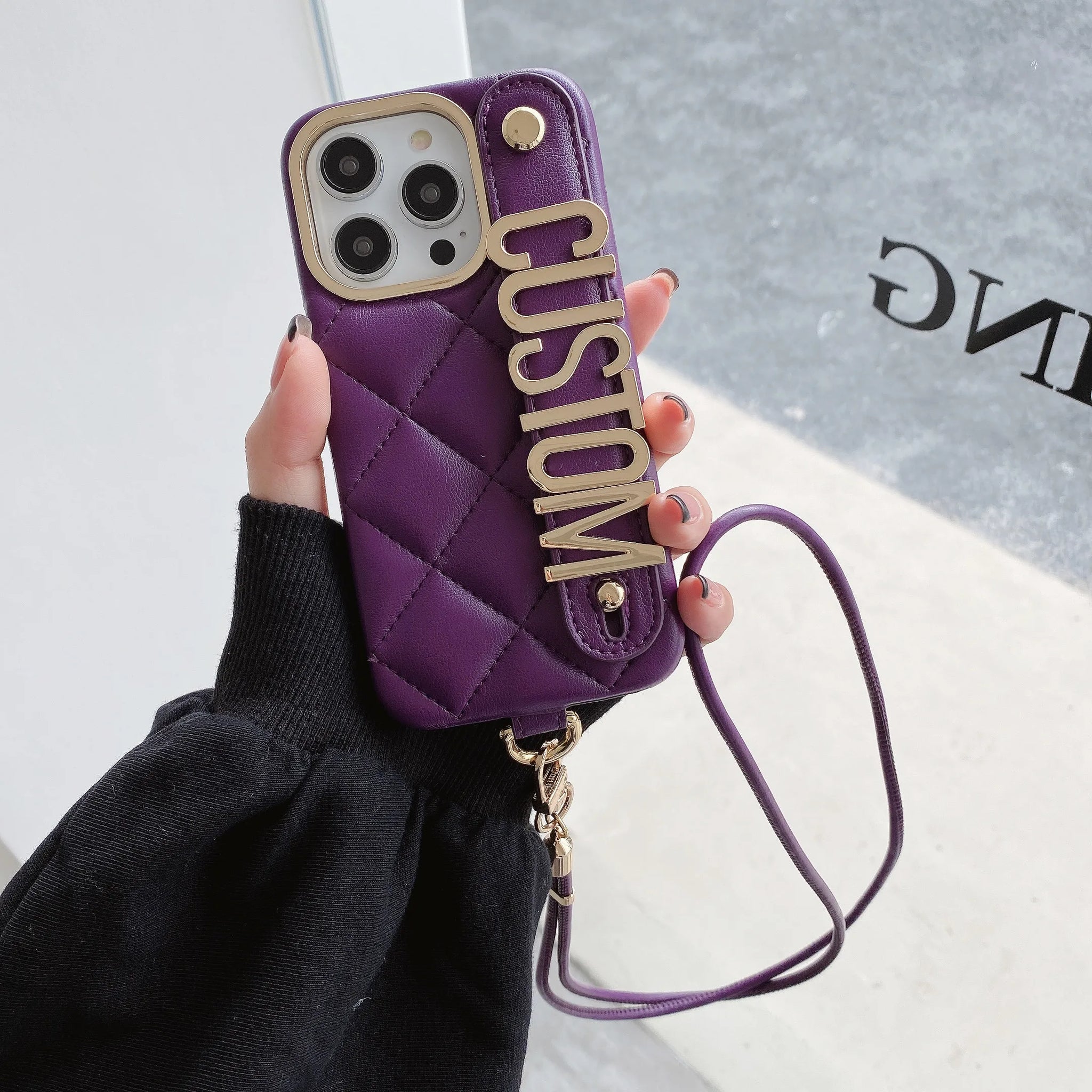 Personalization Leather Phone Case for iPhone16 15 14 13 12 11 Pro Max Plus Name Letter Wristband Crossbody Lanyard Cover