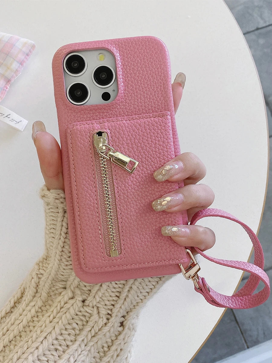 Luxury Lanyard Fold Card Holder PU Leather Case For iPhone Lichee Pattern Mirror Zipper Cover