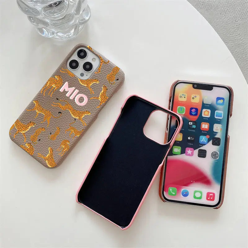 Personalized Initial Letter Pebble Grain Leather Leopard Case for iPhone 11, 12, 13, 14, 15, 16 Pro Max Luxury Hard Cover