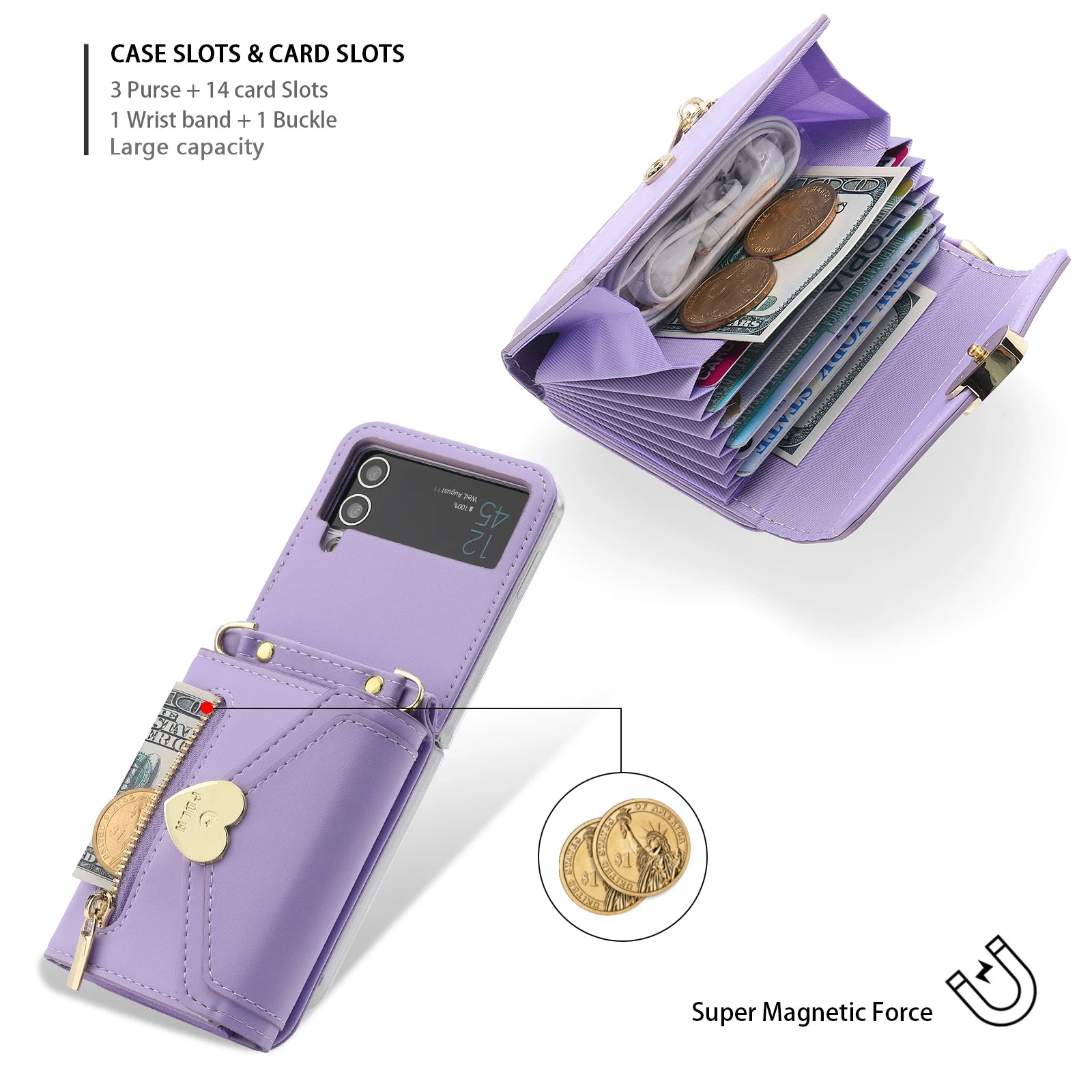 Zippered Cards Wallet Phone Case for Samsung Galaxy Z Flip5 Flip6 Flip4 Hinge Coverage Leather Cover With Strap