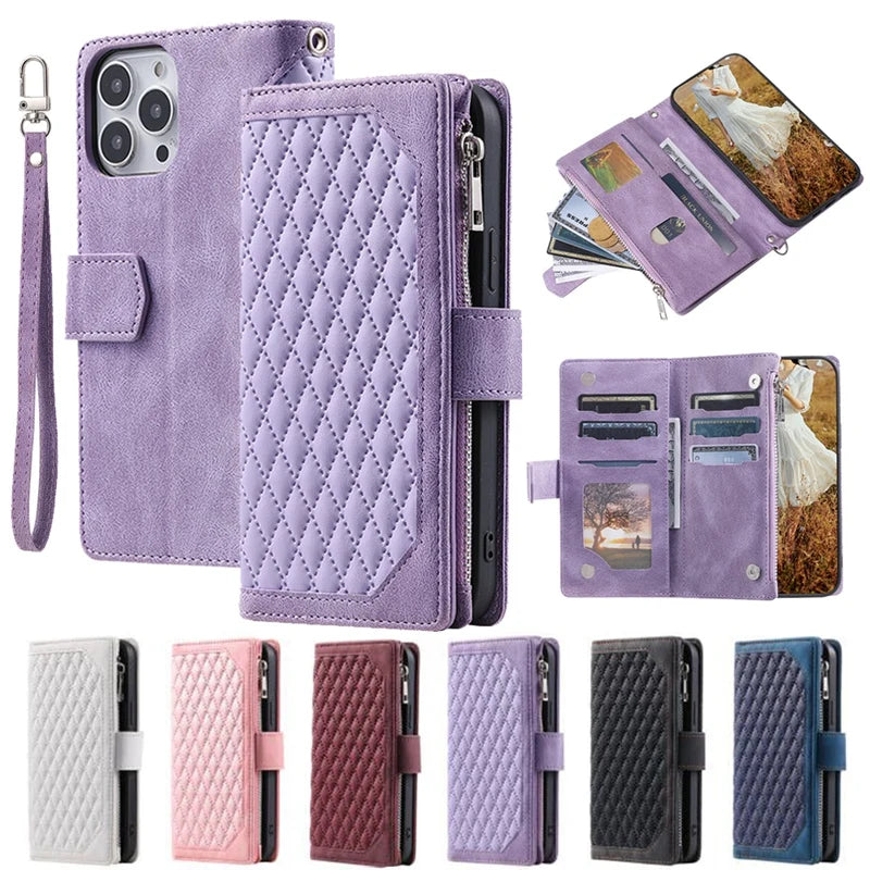 Luxury Double Layer Card Slots Zipper Wallet Case for iPhone Lozenge Flip Cover