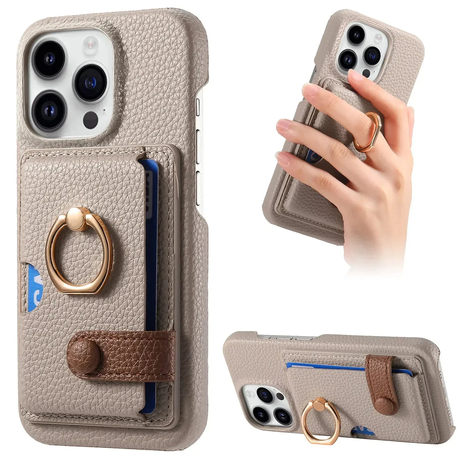 Leather Ring Support Phone Case for IPhone | Wallet with Card Holder Shockproof Cover