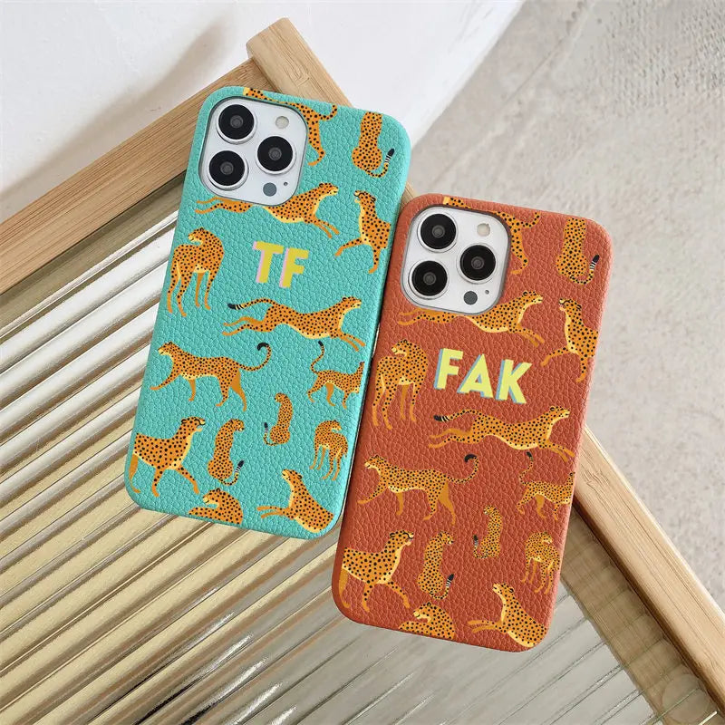 Personalized Initial Letter Pebble Grain Leather Leopard Case for iPhone 11, 12, 13, 14, 15, 16 Pro Max Luxury Hard Cover