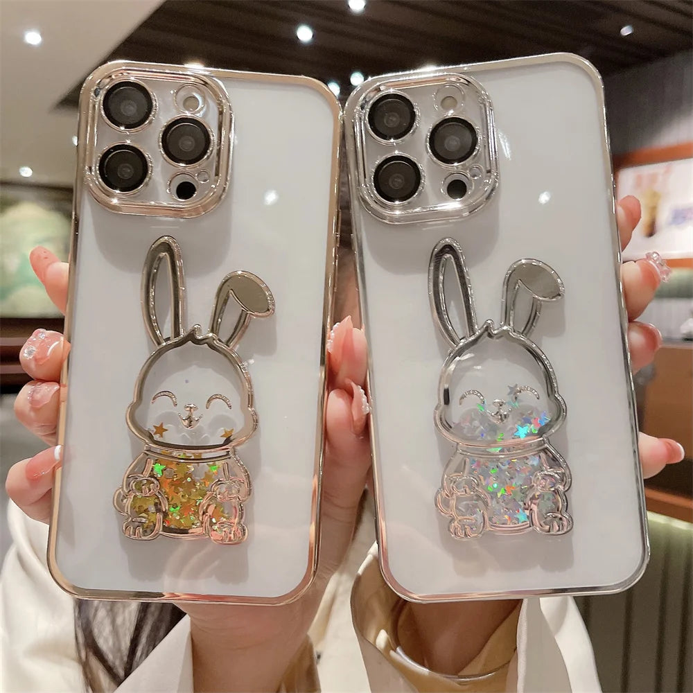 Cute Rabbit & Bear Quicksand Glitter Case for iPhone Transparent Camera Protector Cover