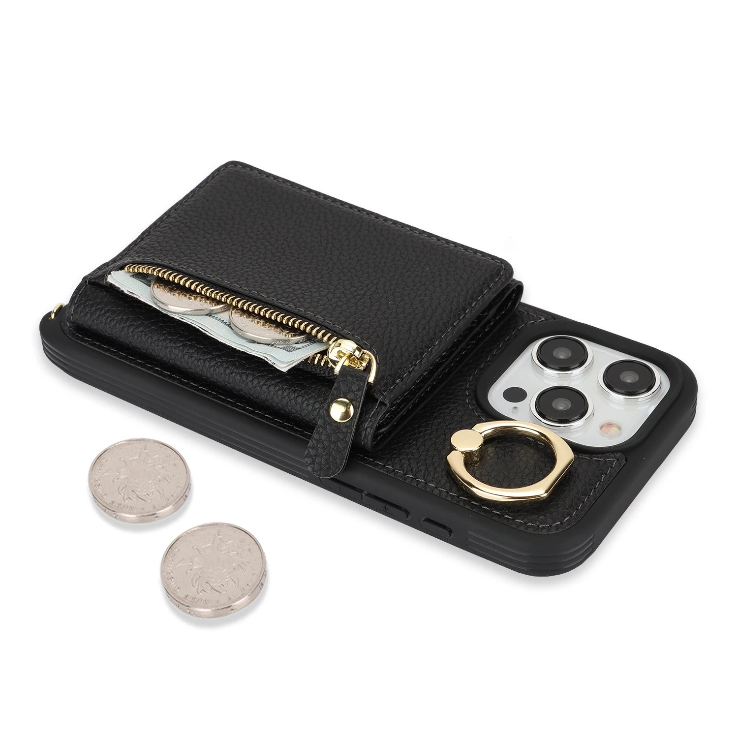 Leather Phone Wallet Case For Iphone Protective Leather Cover Ring Holder Zipper Cards Holder