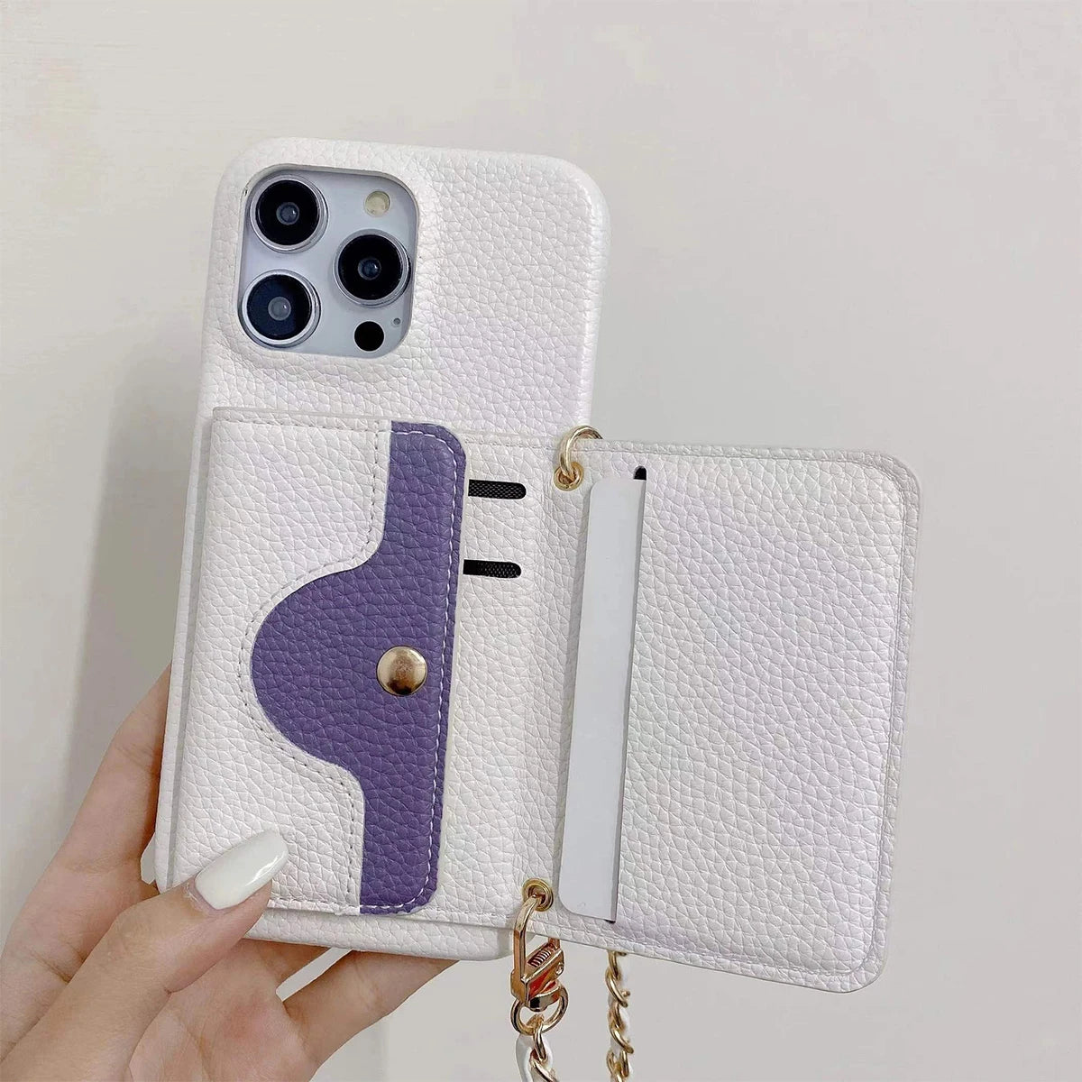 Metal Chain Strap Leather Wallet Phone Case For iPhone Small Mirror Card Holder