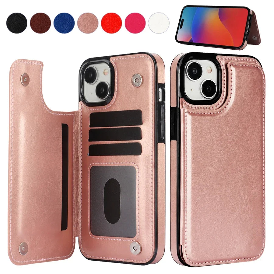 Wallet Solid Double Button Card Stand Flip Leather Case For iPhone