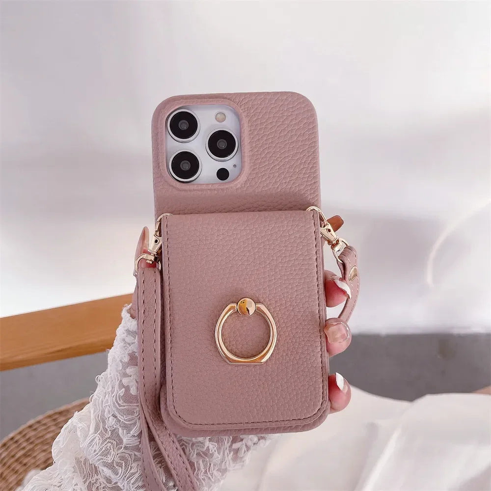 Luxury Makeup Mirror Flip Wallet Case for iPhone 16 15 14 13 12 11 Pro Max Plus with Card Holder, Ring Stand, Crossbody Lanyard & PU Leather Cover