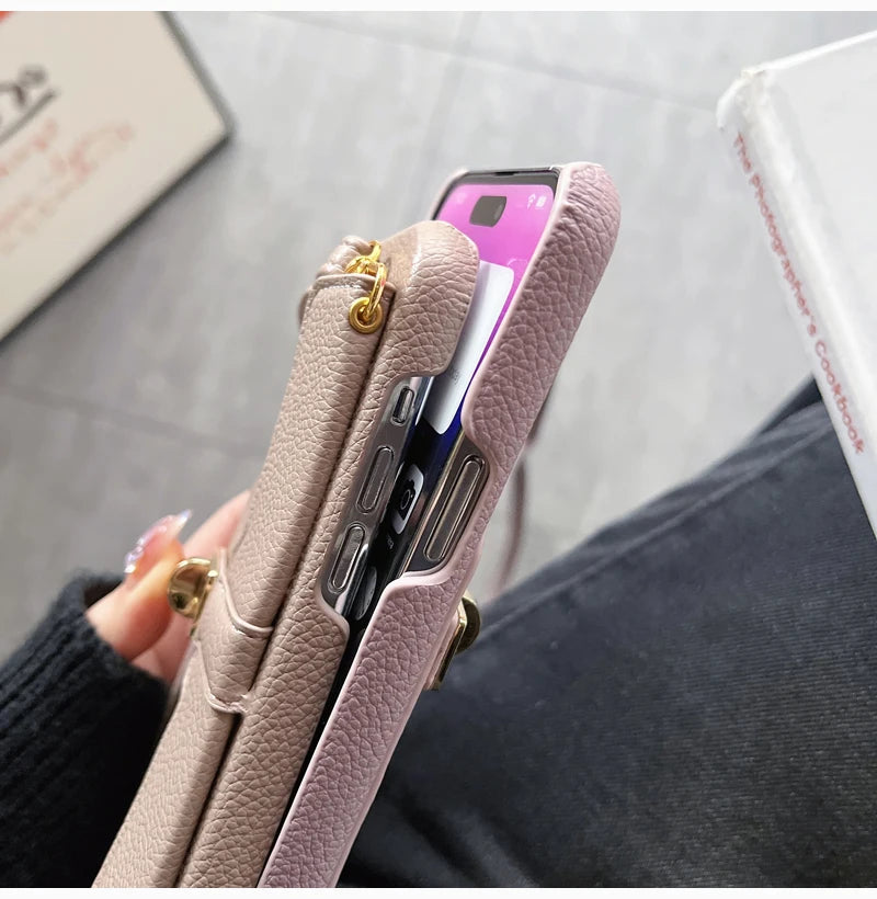 Sweet Multifunctional Lychee Patterned Lock Buckle Long Rope Crossbody Card Bag  Case For iPhone 16 15 14 Plus 13 12 11Pro Max