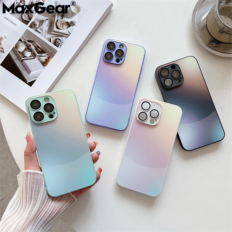 Matte Gradient Color Tempered Glass Phone Case For iPhone Camera Lens Protection Cover Coque