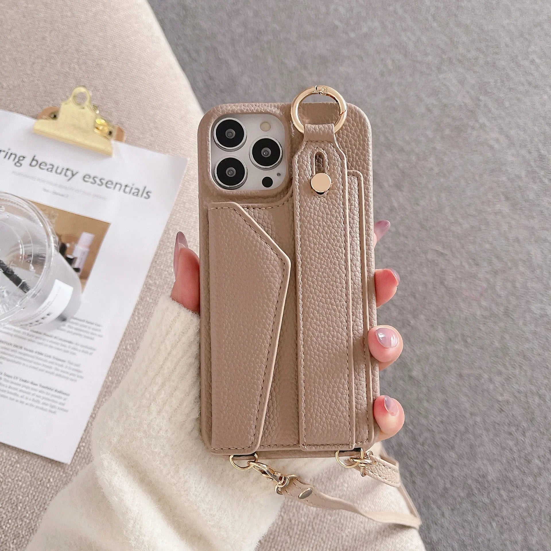 Ring Crossbody Wrist Strap Wallet Leather Cover for IPhone 16 15 14 13 12 11 Pro Max Phone Case with Card Slot Holder Lanyard