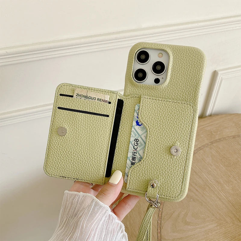 Wrist Strap Wallet Phone Case for iPhone, Luxury Litchi Patterned Shockproof PU Leather Cover