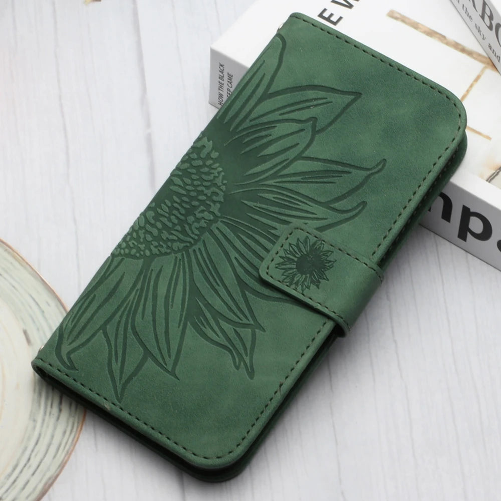 Sunflower Leather Wallet Flip Phone Case for iPhone 16 15 14 13 12 11 Pro Max Plus Mini X XR – Card Holder, Shockproof, Stand, Magnetic Closure