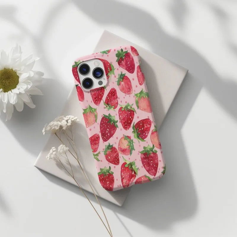 Watercolor Strawberry Phone Case For iPhone 15 Pro Max 14 13 12 11 Pro Plus Acrylic TPU Two in one Mobile Phone Case