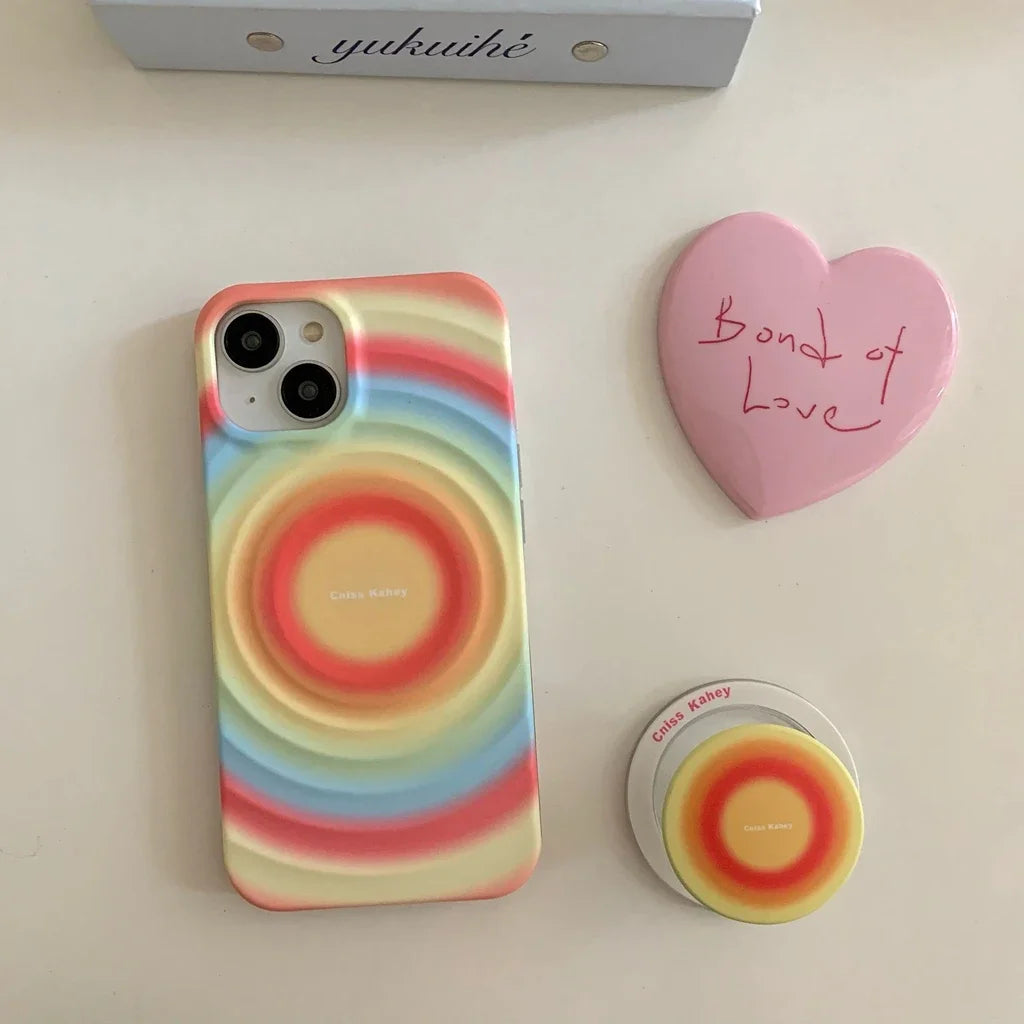 2in1 Rainbow Circle Ripple Pattern Matte With Holder Magnetic Wireless Charging Phone Cover Case