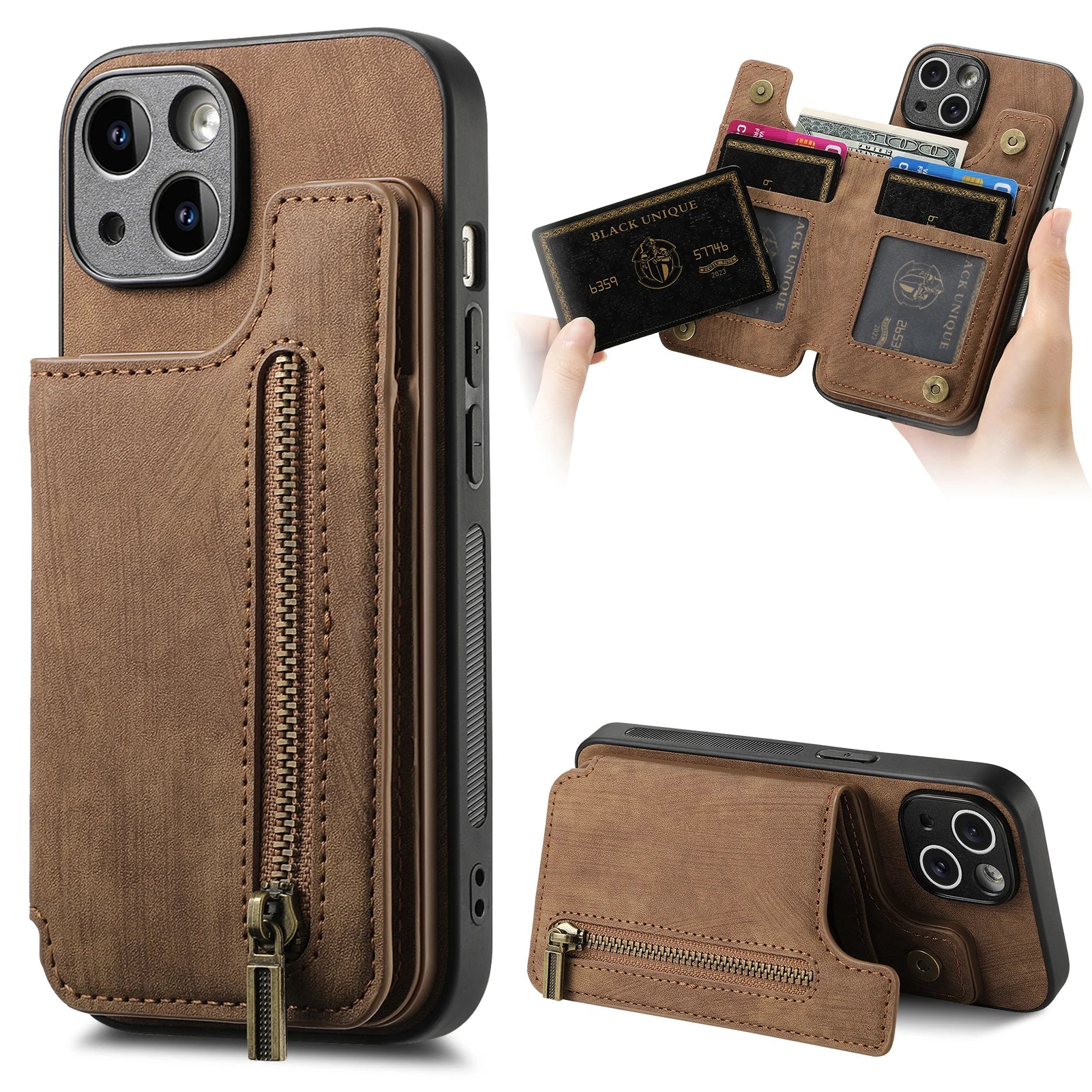 Zipper Cards Solt Wallet Leather Phone Case For iPhone Pocket Magnetic Double Buckle