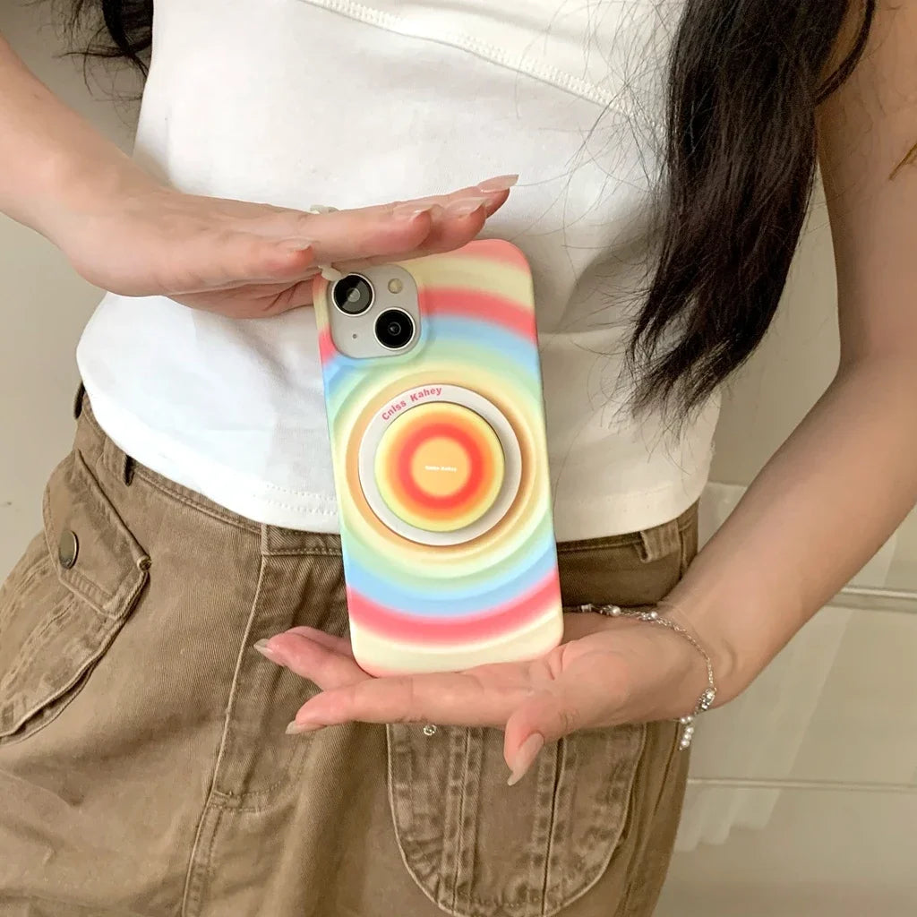 2in1 Rainbow Circle Ripple Pattern Matte With Holder Magnetic Wireless Charging Phone Cover Case