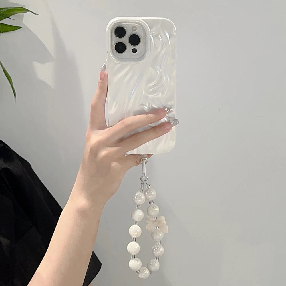 3D Fold Pattern Pearl White Color Phone Case For iPhone 15 14 13 12 11 Pro Max Bracelet Soft Shockproof Back Cover