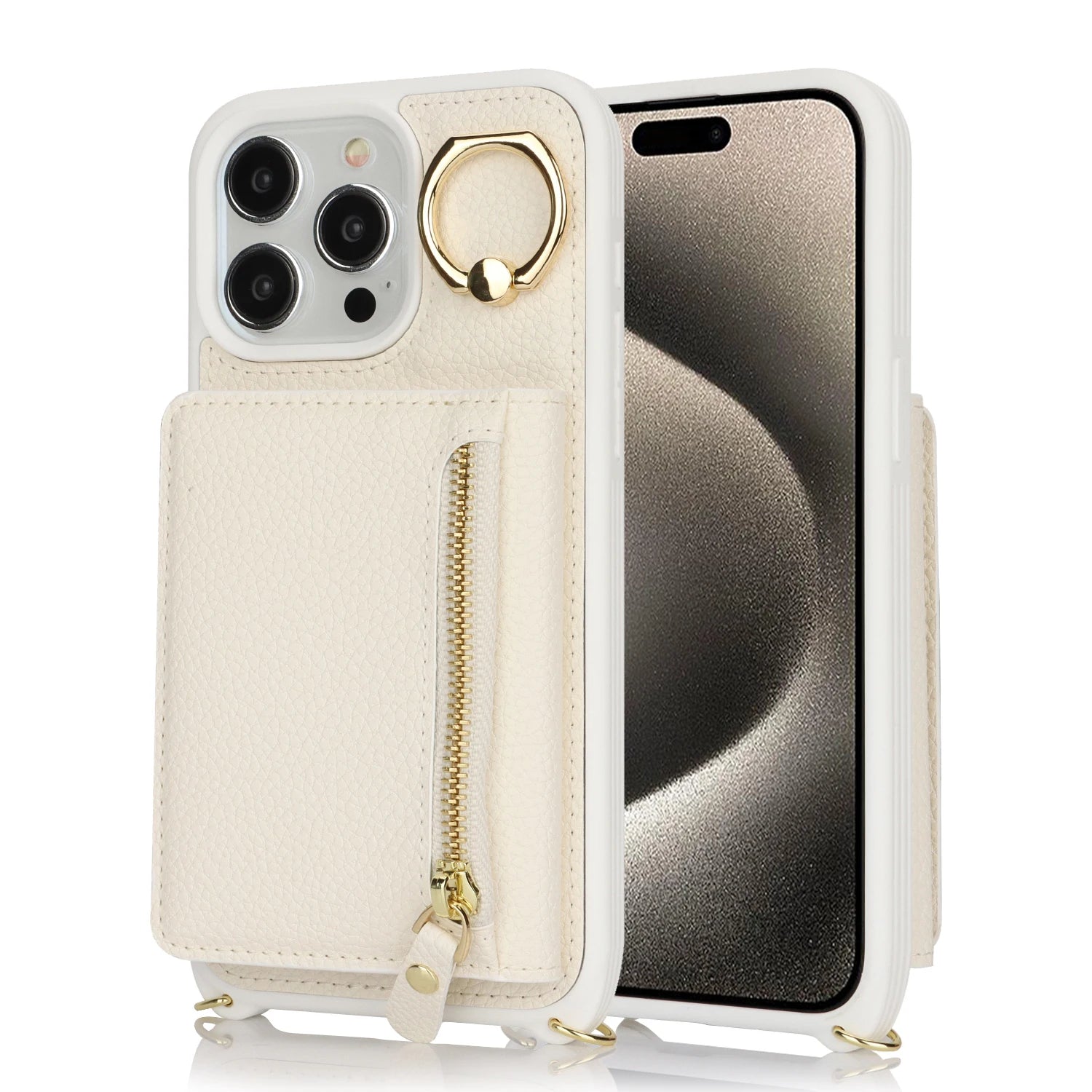 Leather Phone Wallet Case For Iphone Protective Leather Cover Ring Holder Zipper Cards Holder