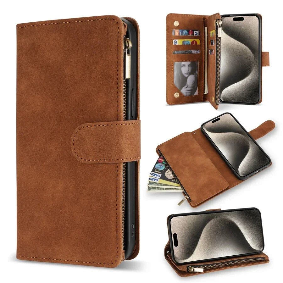 Classic Wallet Multi-Card Zipper Leather Case with Kickstand & Magnetic Flip for iPhone 16 15 14 13 12 11 Pro Max Plus