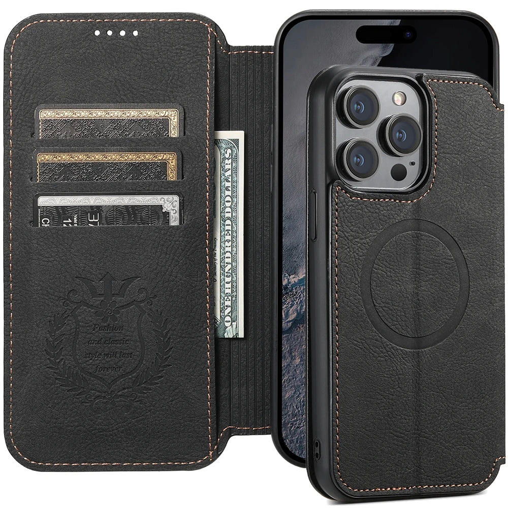 Flip Wallet Phone Case with Cards Slot Wireless Charging Case for iPhone 16 15 14 13 12 11 Pro Max Plus, Premium Leather