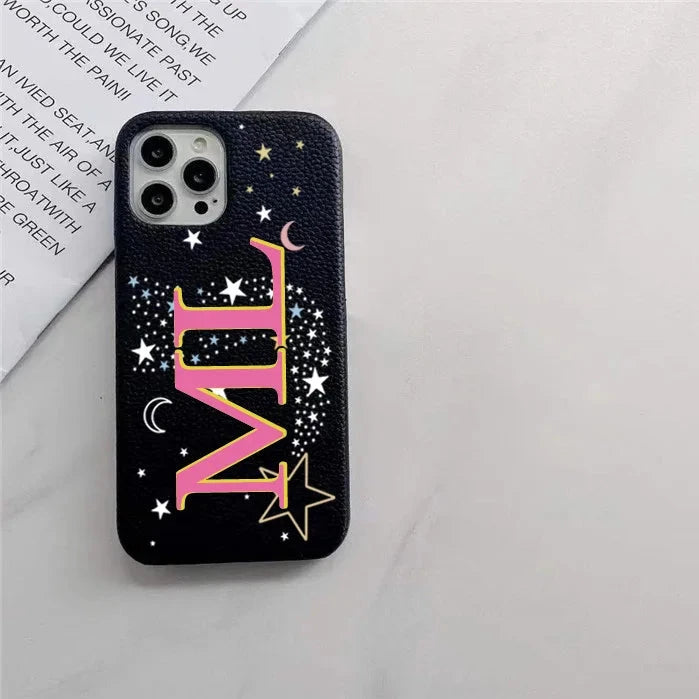 Personalised Initial letters Pebble Grain Leather Case for iphone 11 12 14 13 15 16Pro Max XS Max XR 16 Plus Covers Moon & Stars