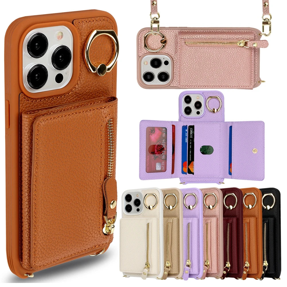 Leather Phone Wallet Case For Iphone Protective Leather Cover Ring Holder Zipper Cards Holder