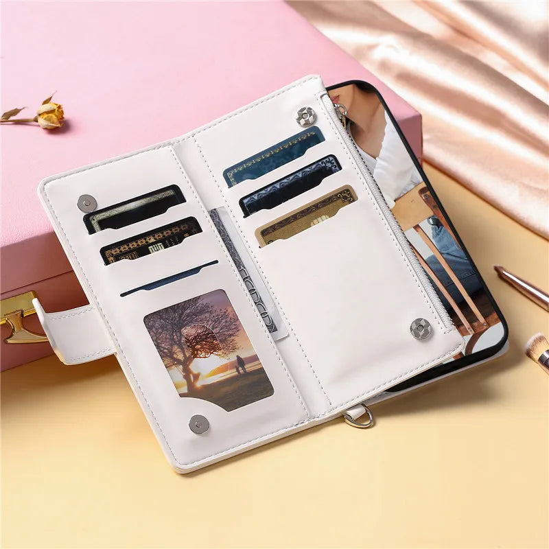 Long Lanyard Flip Leather Phone Case For iPhone Zipper Wallet Card Cover