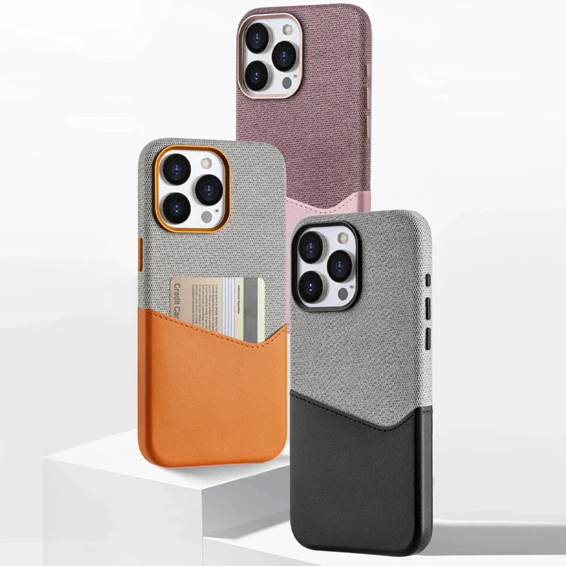 Card Holder MagSafe Leather Phone Case For iPhone Pocket Wireless Charging Alloy Lens Hit Color Covers