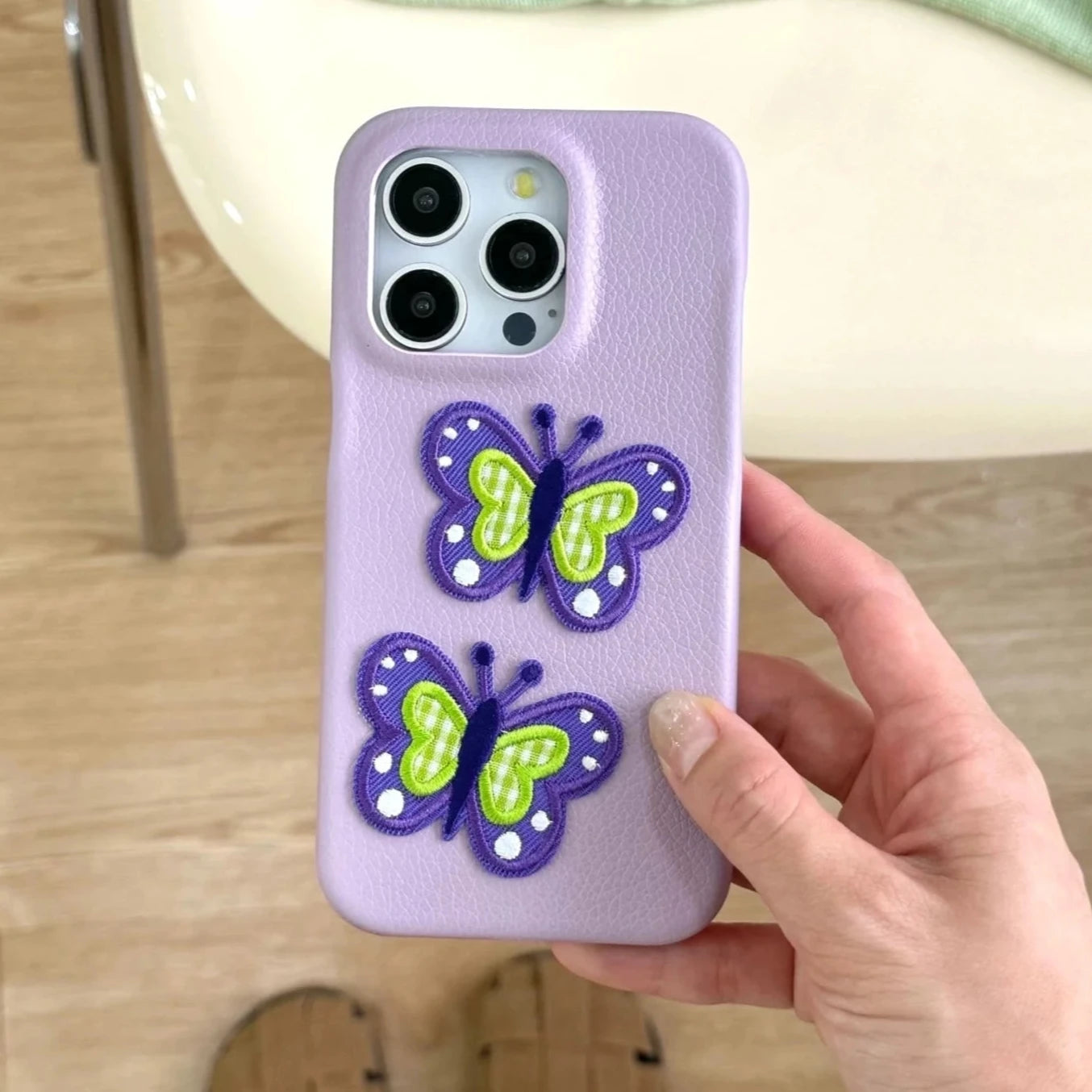 Purple Background Embroidery Butterfly Leather Phone Case for iPhone